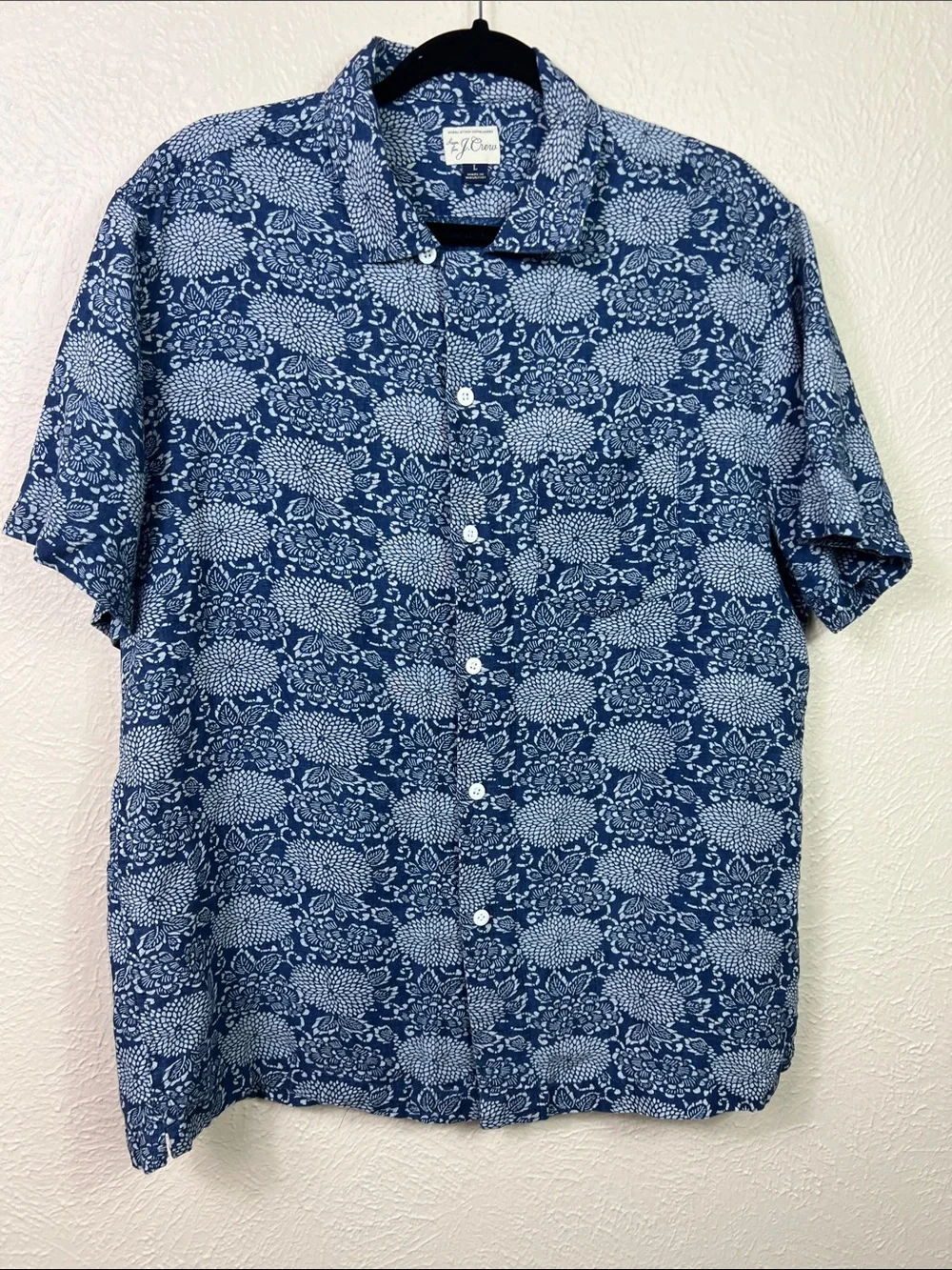 J. Crew Linen Blend Blue & White Allover Print Short Sleeve Shirt Large